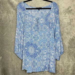 Fred David 1X Shirt Top Blue Paisley 3/4 Sleeve Scoop Neck Keyhole Lightweight